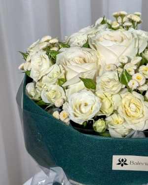 دسته گل رز هلندی سفید با بسته‌بندی مخملی سبز